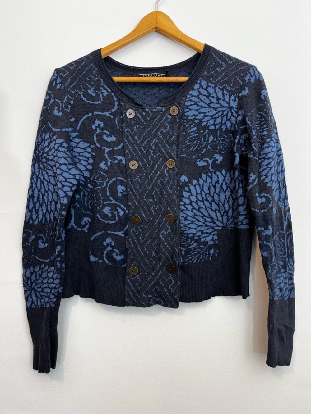 Peruvian Connection Pima Cotton Floral Jacquard Double Breasted Cardigan Cropped